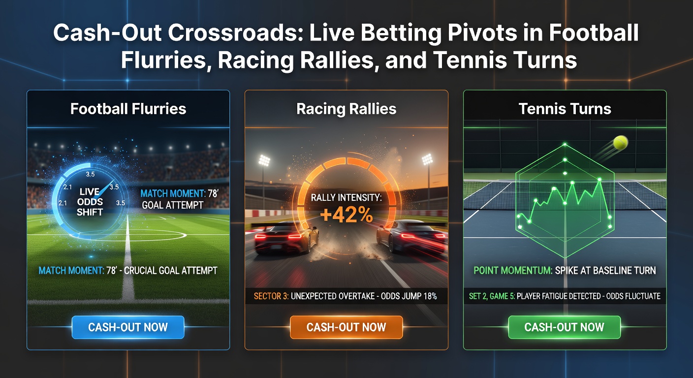 Close-up action shots of horses neck-and-neck in a photo finish, a tennis racket smashing a forehand winner, and soccer fans erupting after a last-gasp equalizer, capturing cash-out decision moments