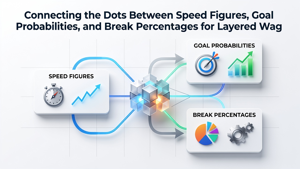 Chart illustrating layered accumulator examples linking speed ratings, scoring probabilities, and service break data across horse racing, football, and tennis