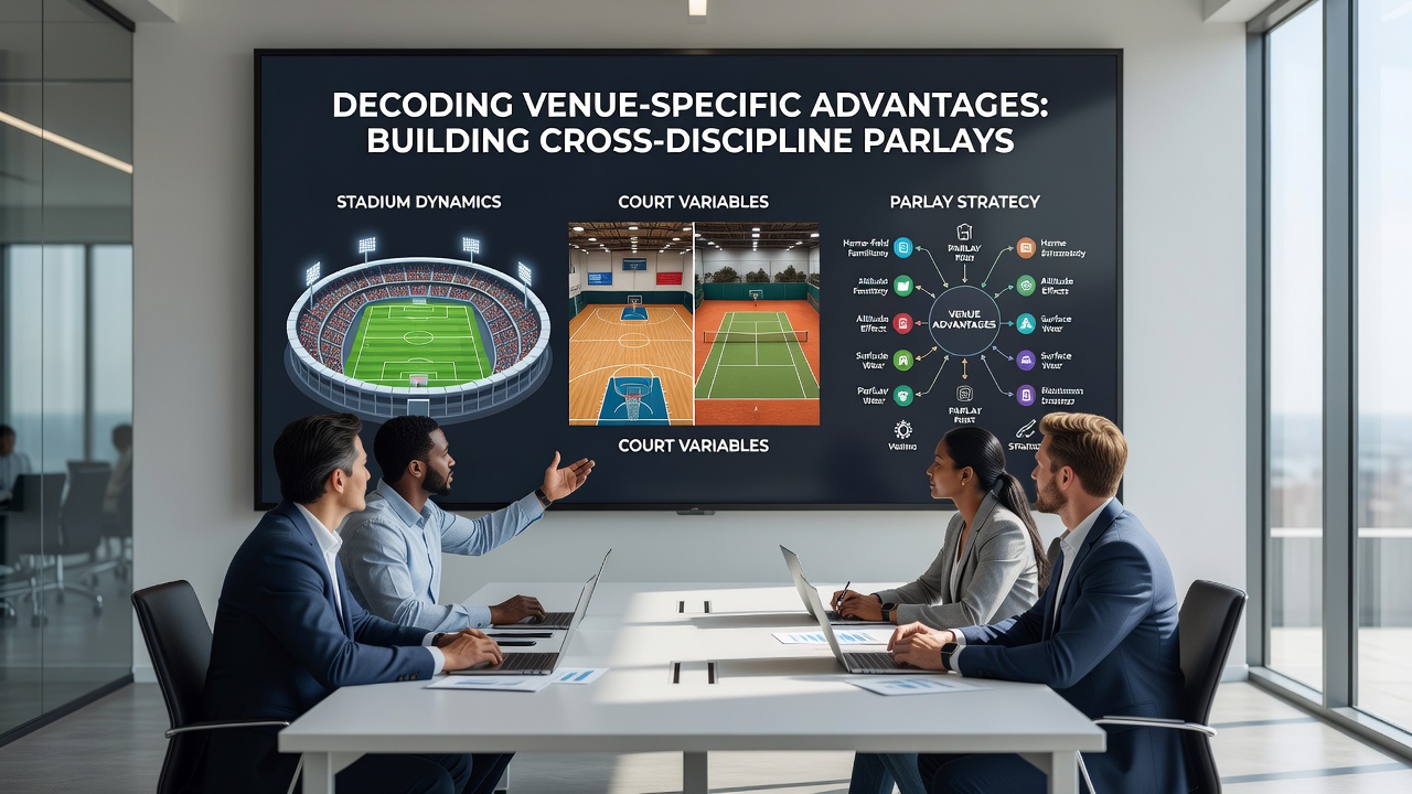 Data charts overlaying stadium, court, and track metrics for parlay construction