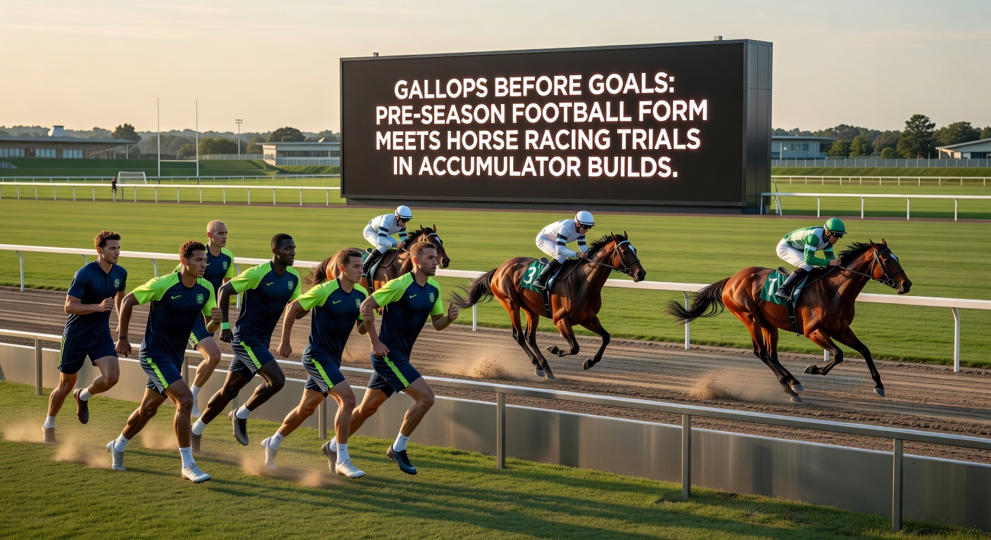 Split-image showing a pre-season football match goal celebration alongside a close-up horse racing trial finish, illustrating accumulator synergies