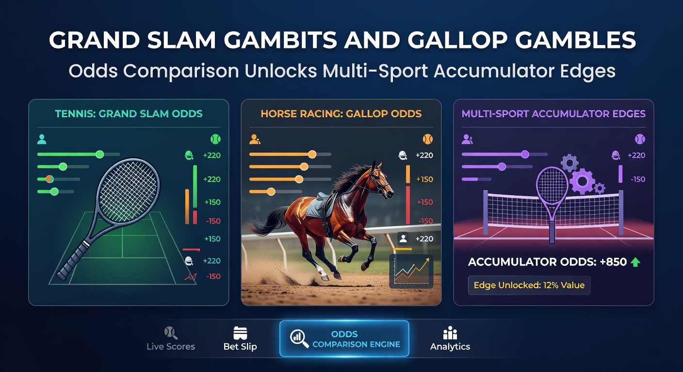 Close-up of betting interface displaying live Grand Slam tennis odds beside horse racing form guides, with accumulator slip highlighted