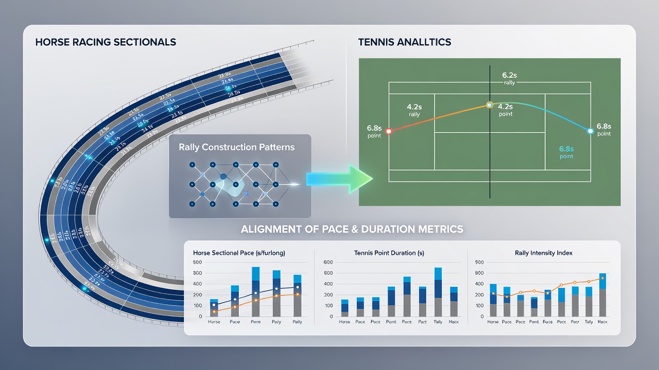 Split-screen view of live sectional timing and tennis rally length overlays during evening overlap