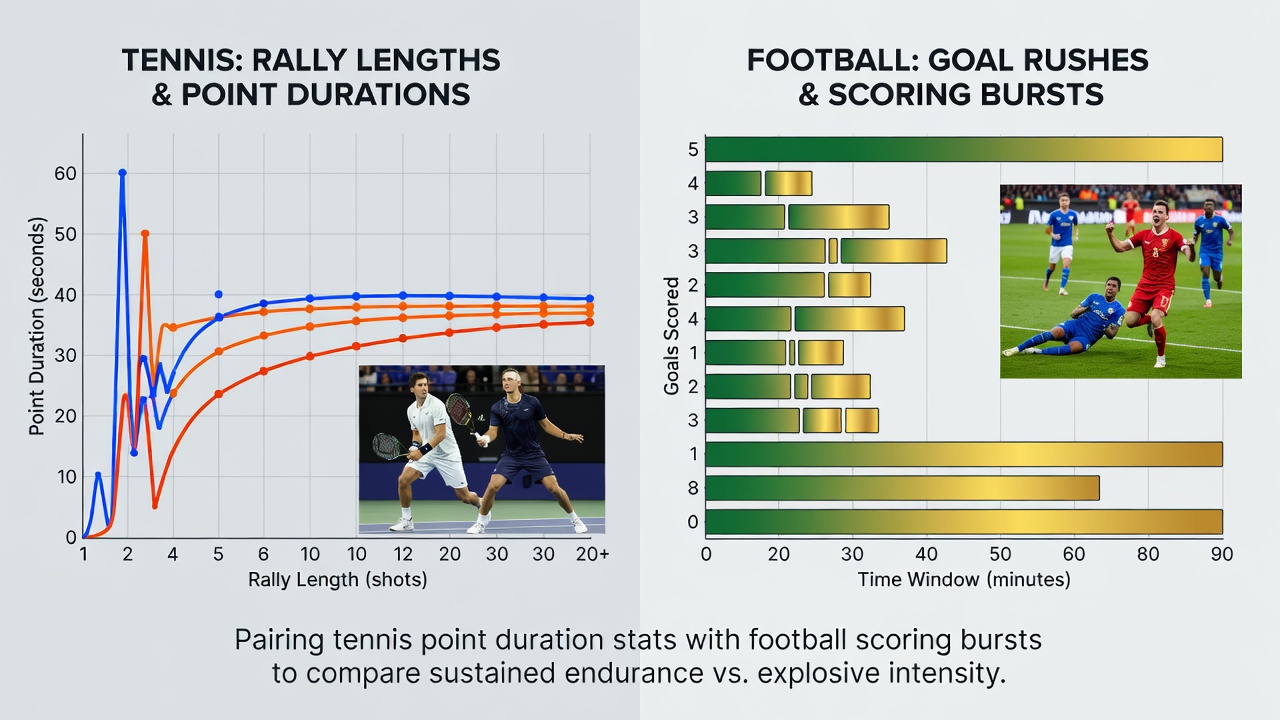 Split screen showing tennis rally length chart alongside football goal timing heatmap used for accumulator construction