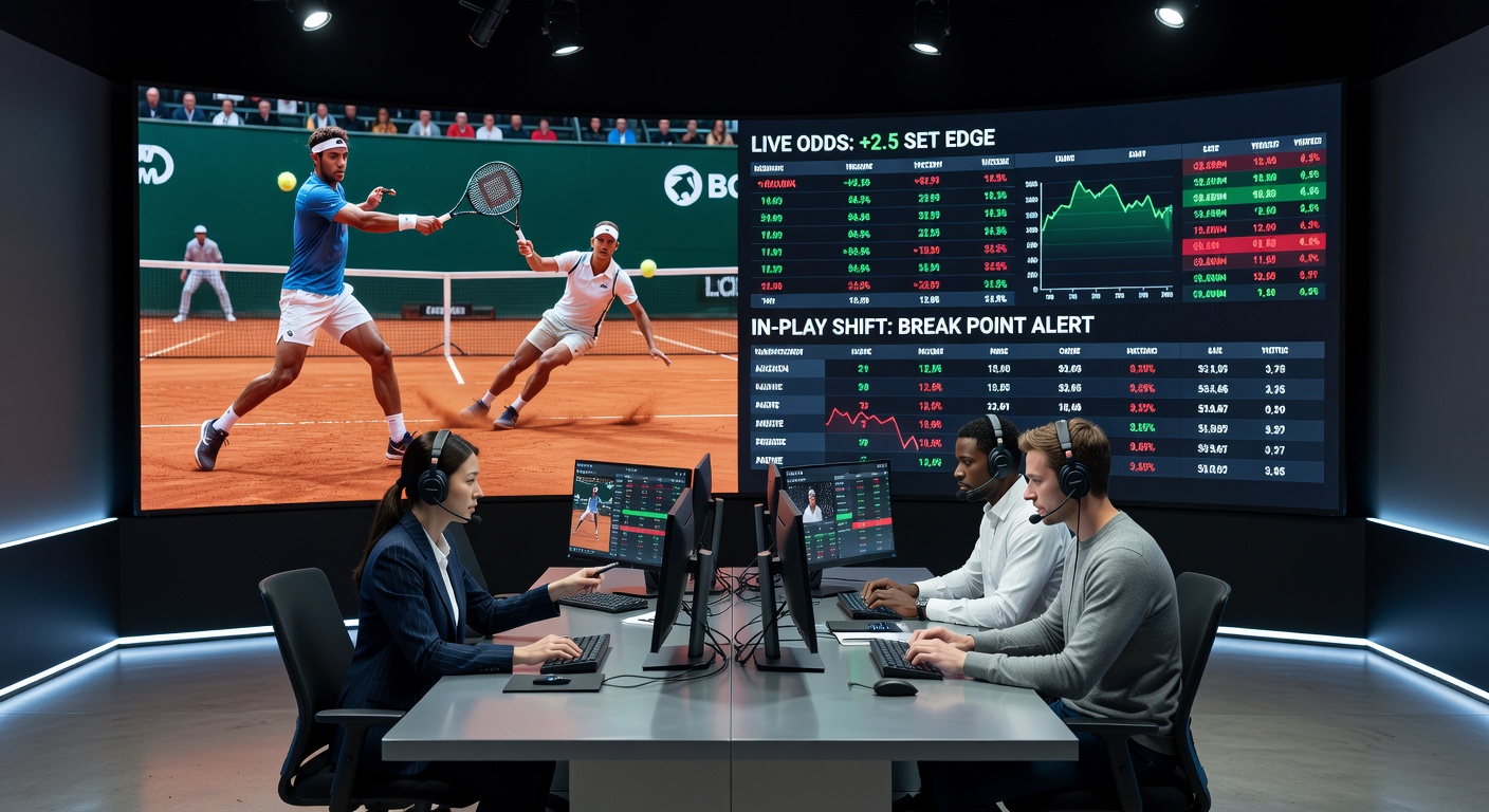 Close-up of a tennis scoreboard during a Grand Slam tiebreak, overlaid with multiple bookmaker odds comparisons on a betting interface