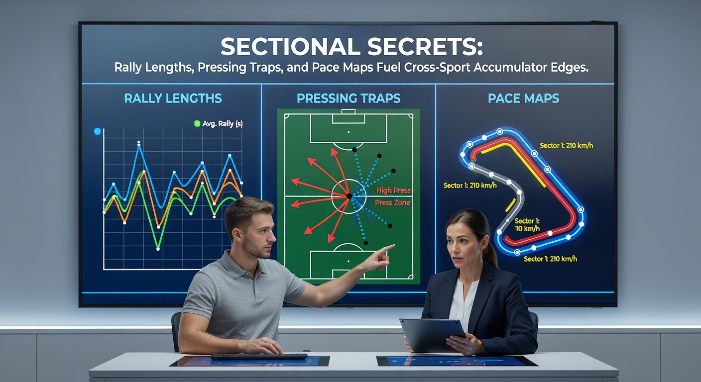 Dynamic visualization of a football pressing trap transitioning into a tennis rally and horse racing sectional split, highlighting accumulator bet construction