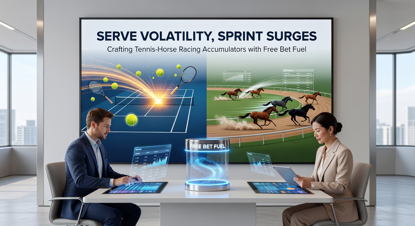 Close-up of horses neck-and-neck in a sprint race finish, overlaid with tennis racket and ball for betting synergy