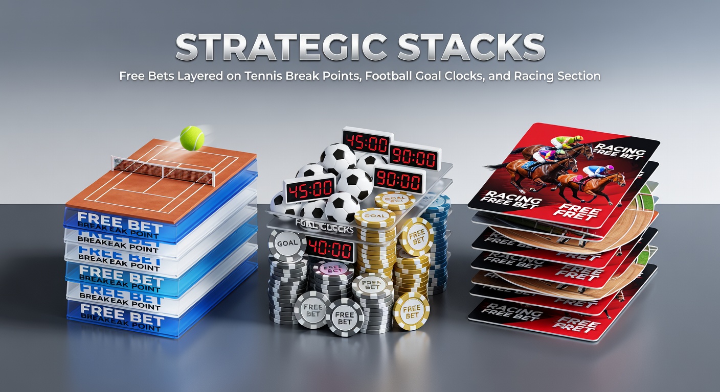 Dynamic split-screen of a football match clock hitting late minutes, tennis break visualization, and horse racing sectional timing graph, showcasing accumulator layering tactics