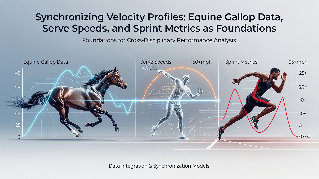 Layered analytical charts showing synchronized velocity curves from horse racing gallops, tennis serves, and sprint events used in multi-discipline data frameworks