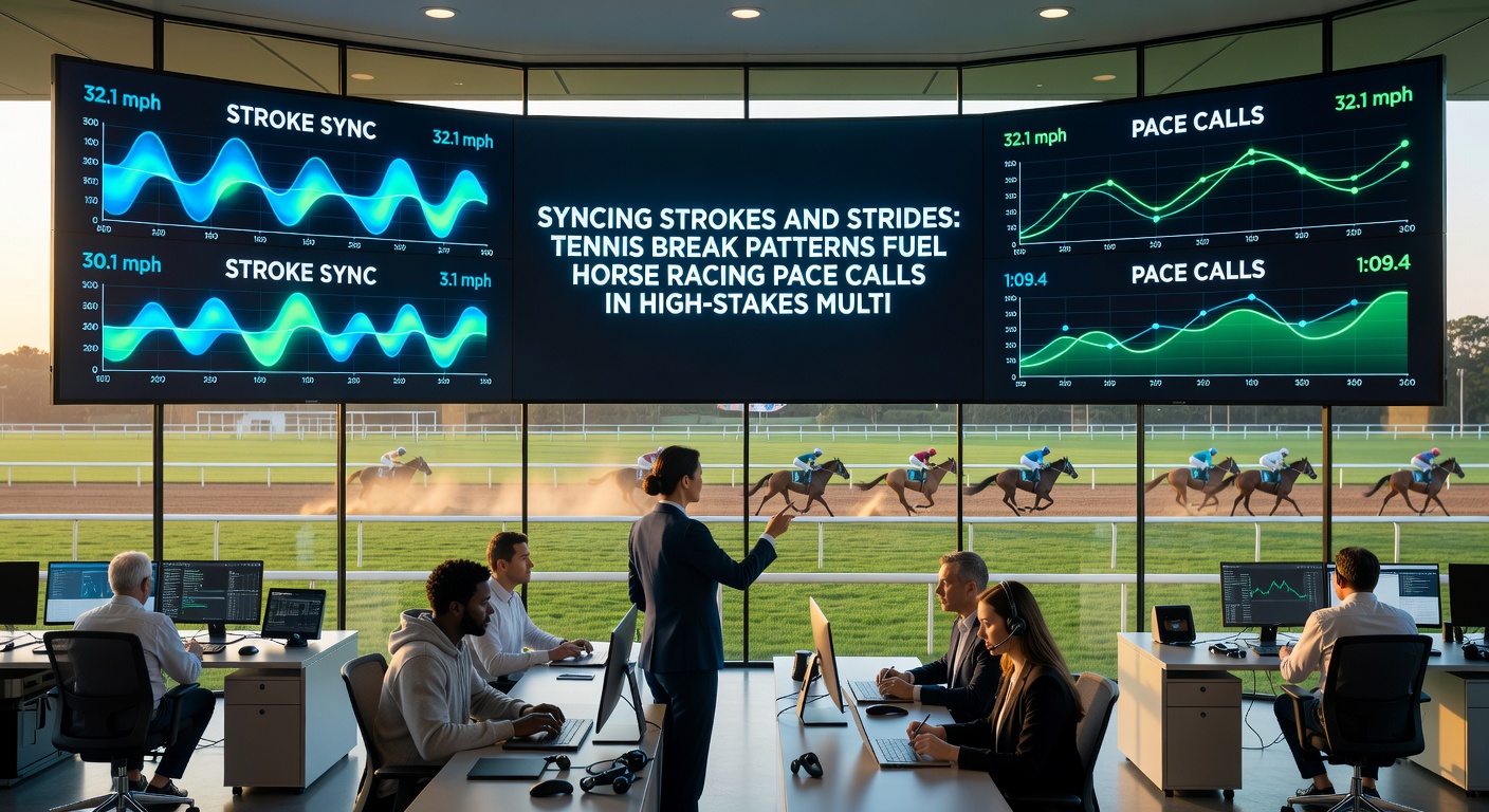 Close-up action shot of tennis break point celebration juxtaposed with horses battling mid-race for pace control