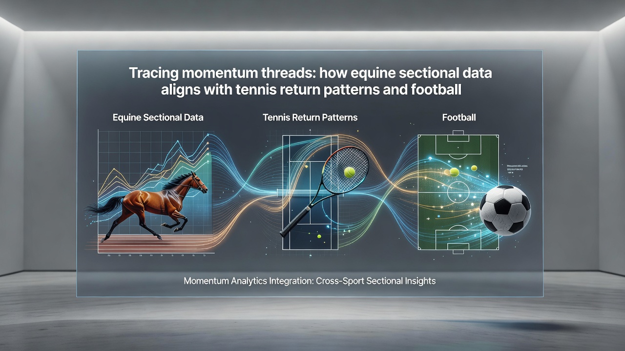 Split-screen graphic illustrating aligned timelines of horse racing sectional data, tennis return heatmaps, and football defensive lapse indicators