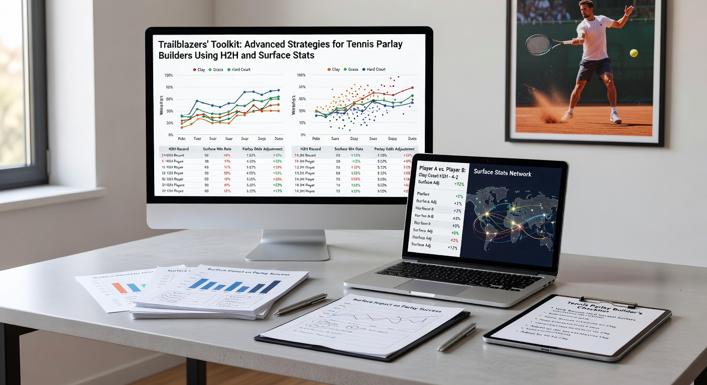 Close-up of a tennis analytics dashboard displaying H2H matchups and surface performance graphs for parlay strategy formulation