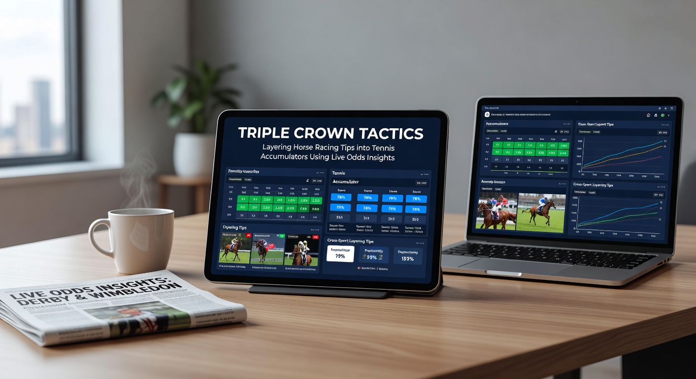 Tennis player serving during a match with digital overlays of Triple Crown race odds charts and accumulator payout simulations