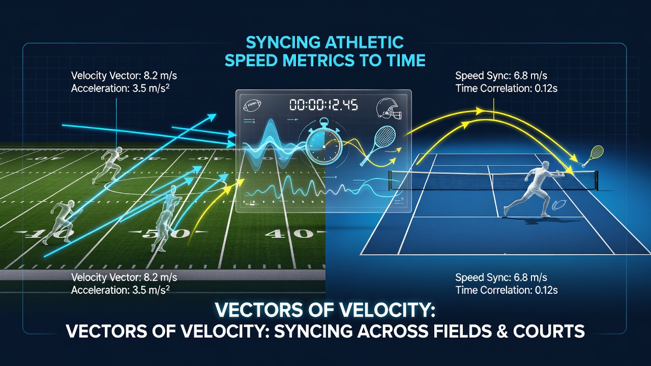 Data visualization dashboard displaying synchronized velocity vectors from football and tennis matches with promotional timing indicators