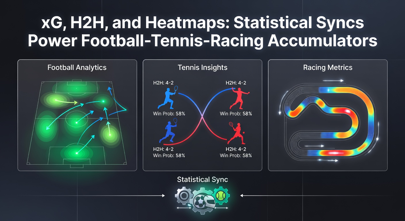 Split-screen visualization of a tennis court heatmap next to a horse racing pace map and football xG chart, illustrating statistical overlaps for accumulator strategies